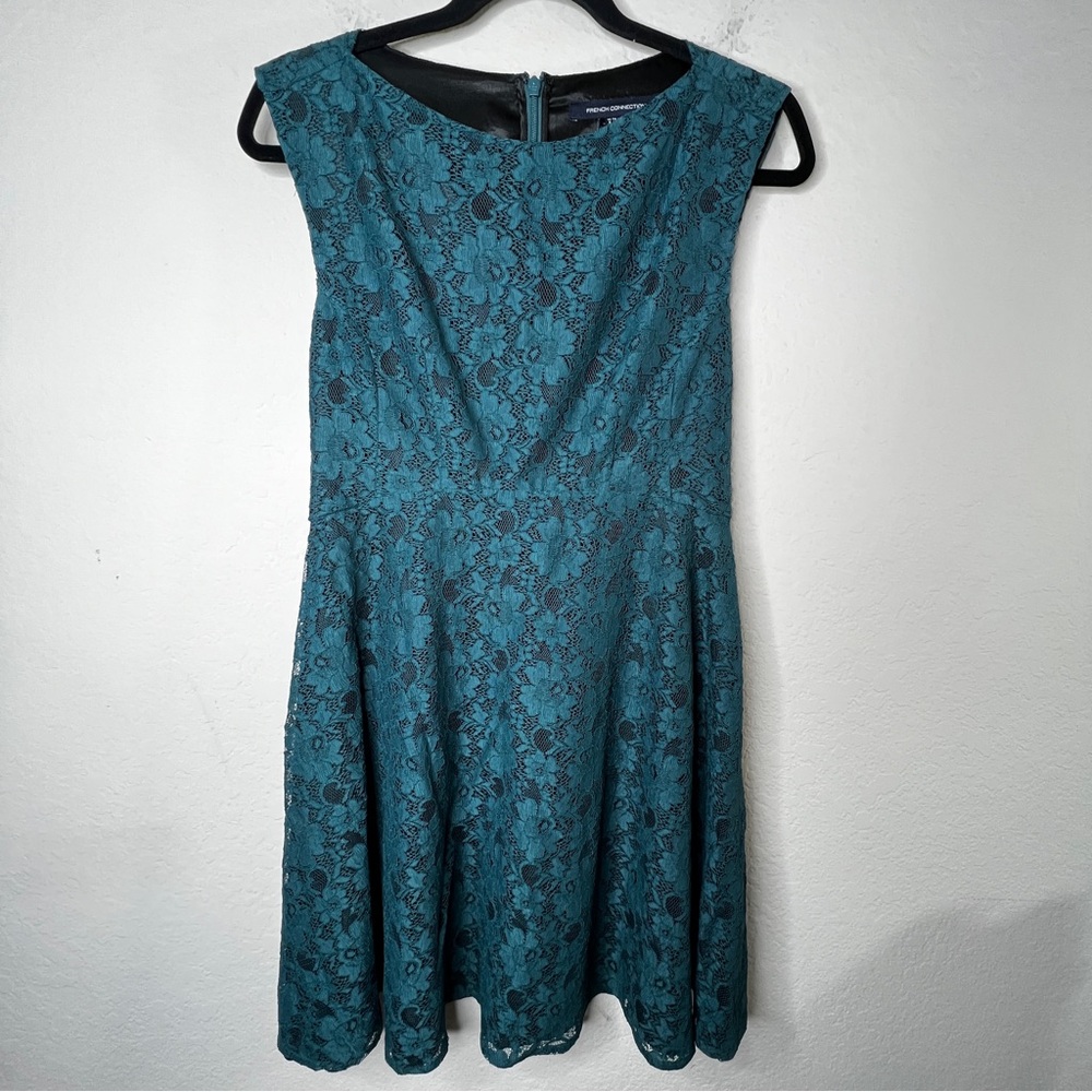 French Connection Green Lace Fit & Flare Dress Size 4 Zip Back Wedding Event